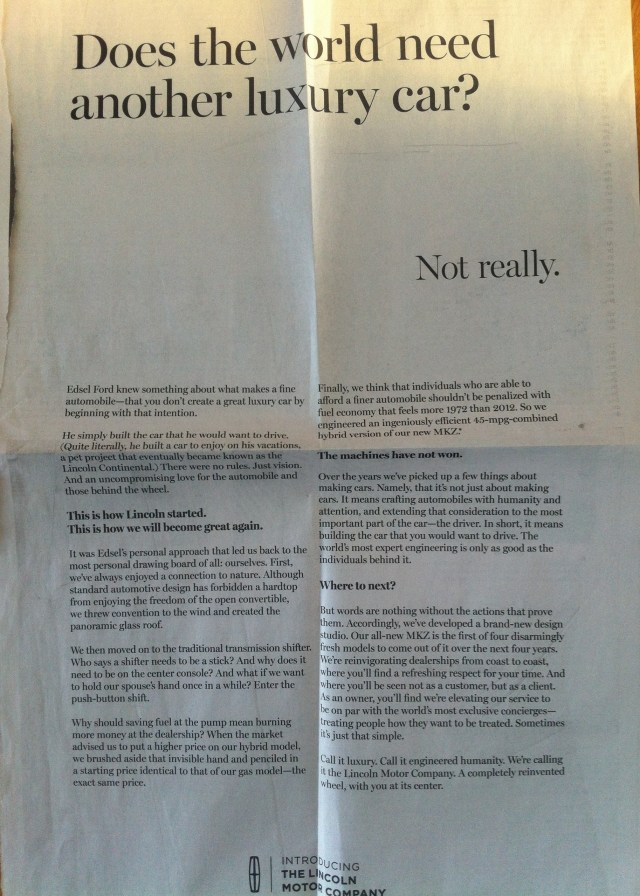 Launch ad Lincoln Motir Company, NY Times, February 2013